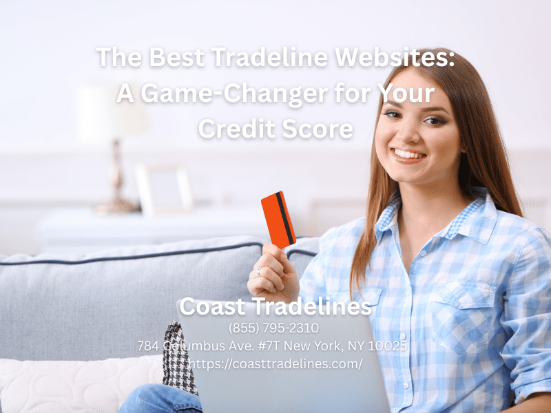 woman holding a credit card and checking tradeline websites